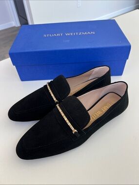 Stuart Weitzman crystal deco jet loafers black suede leather gold tone 8